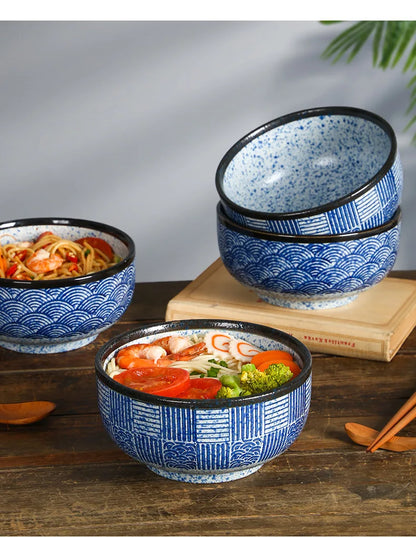 Wave Qinghai Noodle Bowl Hand Painted Vintage Ceramic Bowl
