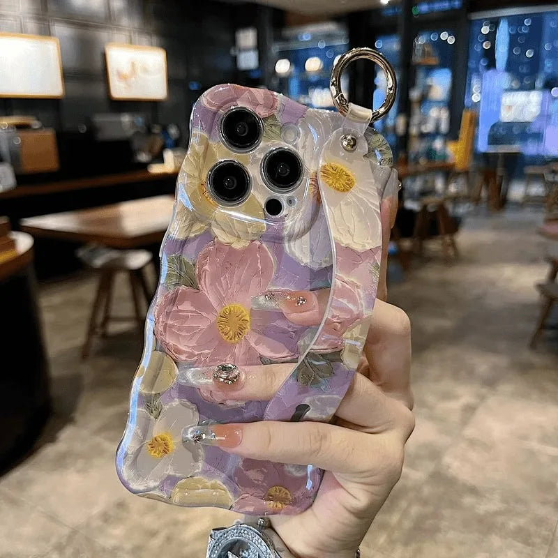Painting Oil Flower Phone Case for iPhone 15 14 13 12 11 Pro Max with Wrist Band and Kickstand