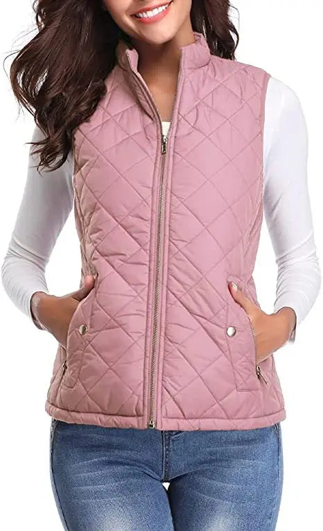 Light Women Quilted Vest - Stand Collar Cotton Winter