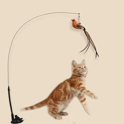 Bird Simulated Cat Toys - Upgraded Feather Teasing Stick, Long Rod with Steel Wire, Cat Safe Fun