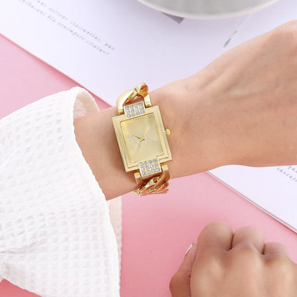 Watch Women's Gold Tone Square Dial, Elegant Alloy Band With Crystal Accents, Summer 2026 Gift