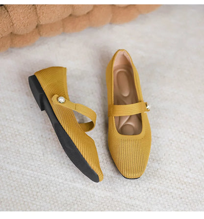 Women Stretchy Mary Jane Flats - Ribbed Knit For Spring