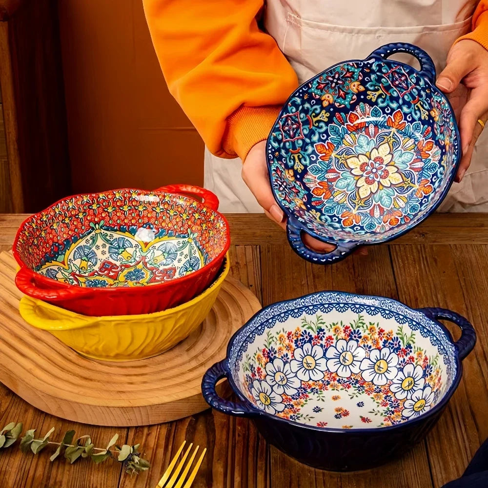 Soup Ceramic Bowl Bohemian Handle Embossed Microwave