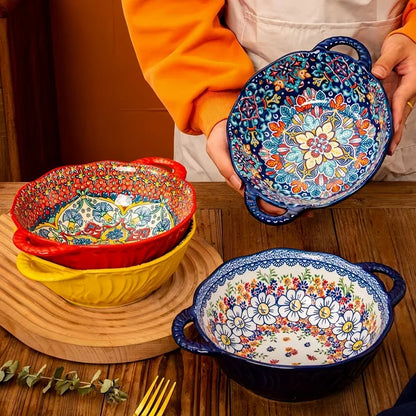 Soup Ceramic Bowl Bohemian Handle Embossed Microwave