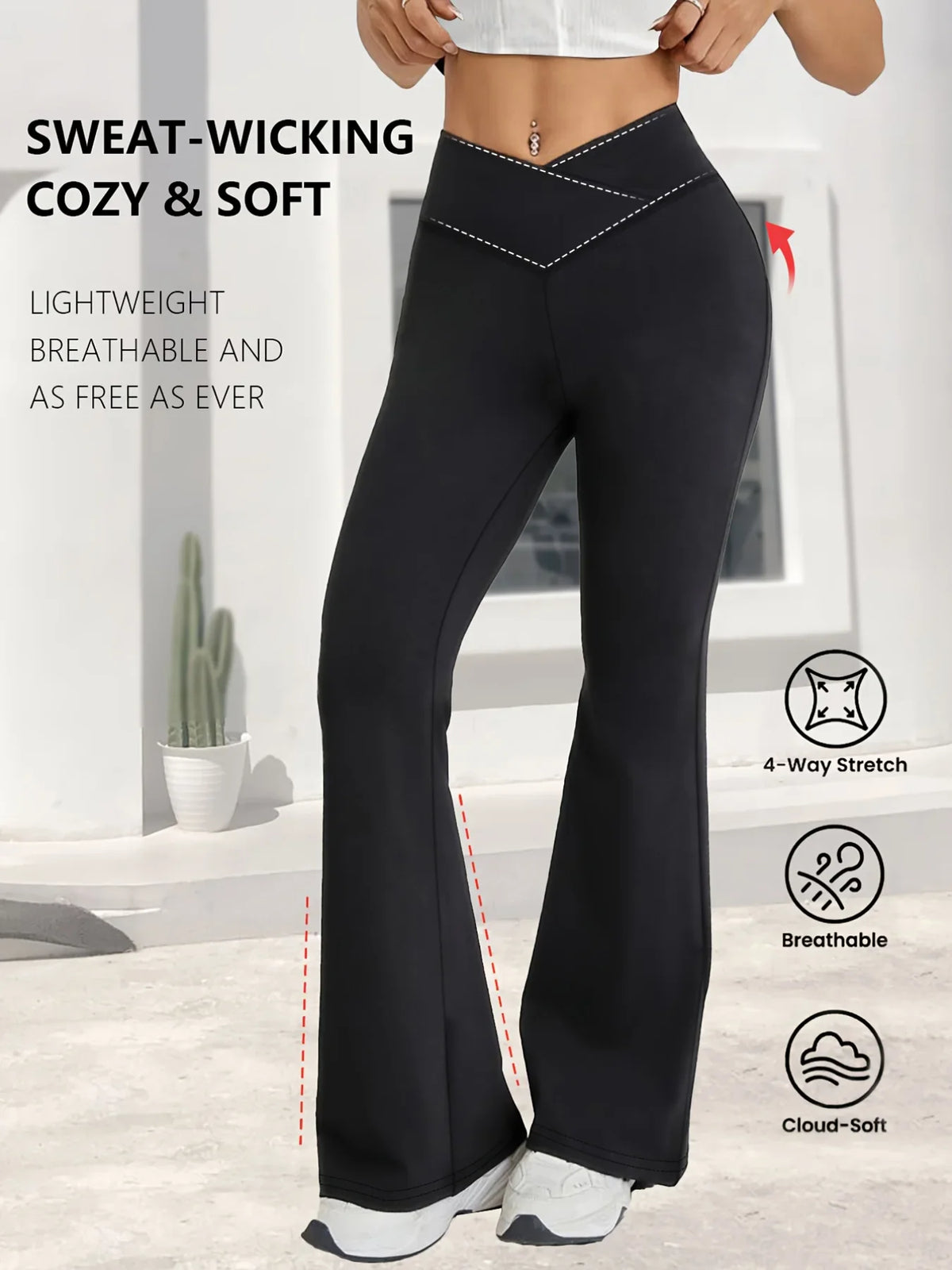 flared hem cross-waist design, casual sports trousers – Relaxed women's high-waist wide-leg leggings