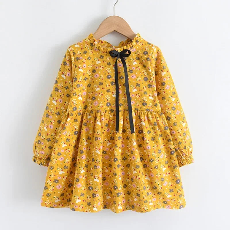 Plush Girls Dress - Long-Sleeve Knee-Length Floral Print, Cotton, For Casual Wear