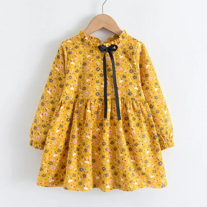 Plush Girls Dress - Long-Sleeve Knee-Length Floral Print, Cotton, For Casual Wear