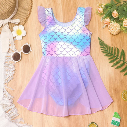 Mermaid-Scale Print, Ruffle Sleeves, Tulle, Polyester Elastane, Beach – Fast-Dry Sturdy Girls' One-Piece Swimsuit