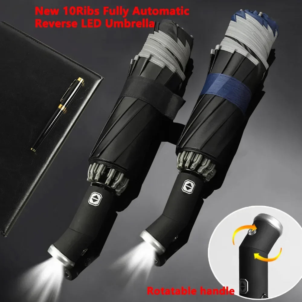 Fully Automatic Folding Water-Resistant Umbrella with LED Flashlight and UV Sunshade for Rain and Wind Resistance