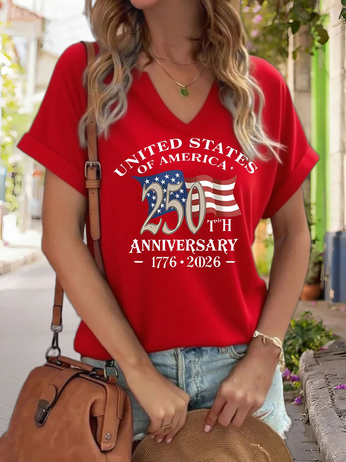 Plush women's graphic tee - V-neck, polyester-elastane blend, for USA 250th anniversary