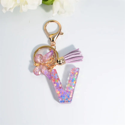 Letter Sequin Keychain With Butterfly Tassel Charm