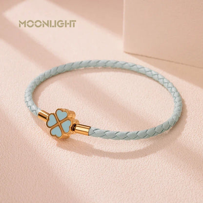 Leaf Four Clover Braided Leather Lucky Bracelet Gift
