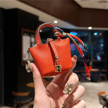Inspired Birkin Mini Hand Bag - Leather Basket Bag Charm Keychain & Earphone Case