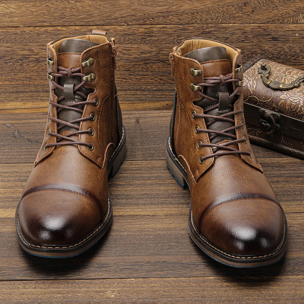 Anti-Slip Men's Leather Boots - Cap Toe Lace Up, Sturdy