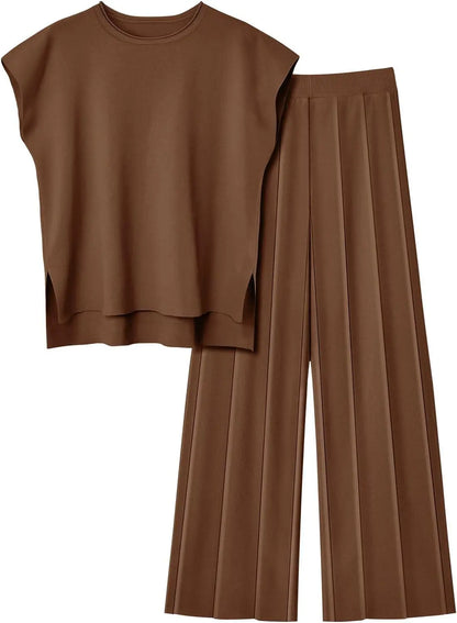 Sleeveless Round-Neck Knit Top, High-Waist Wide-Leg Trousers For Summer – Plush Relaxed Women’s Two-Piece Pant Kit