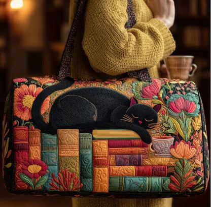 Plush Unisex Travel Tote - Quilted, Cat-Embroidered Fabric, For Beach, Hiking, Camping