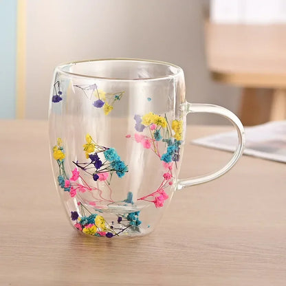 Wall Double Glass Cup with Handle Dried Flower Decorated Ins Style Mug 300ML