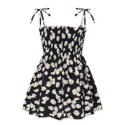 Plush girls' sundress - smocked bodice, daisy print, polyester, for casual summer outings