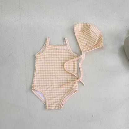 Light baby girls' one-piece swimsuit - polka-dot suspender style with hat, nylon, cozy for summer beach wear