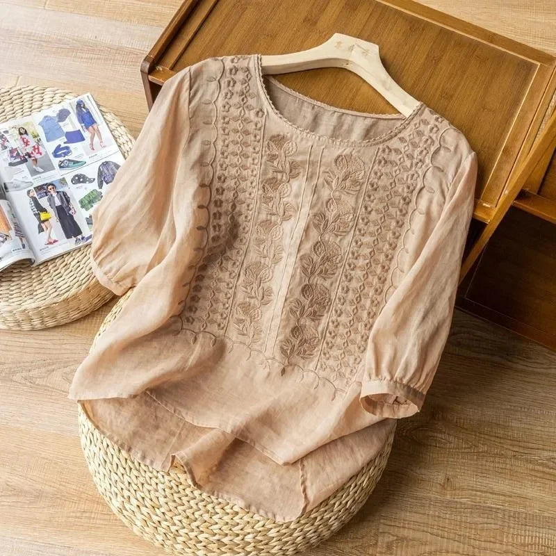 Elegant Embroidered Women's Blouse, Long Sleeve Plus Size Tops with Flattering Fit and Versatile Style-4