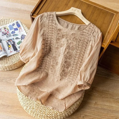 Elegant Embroidered Women's Blouse, Long Sleeve Plus Size Tops with Flattering Fit and Versatile Style-4