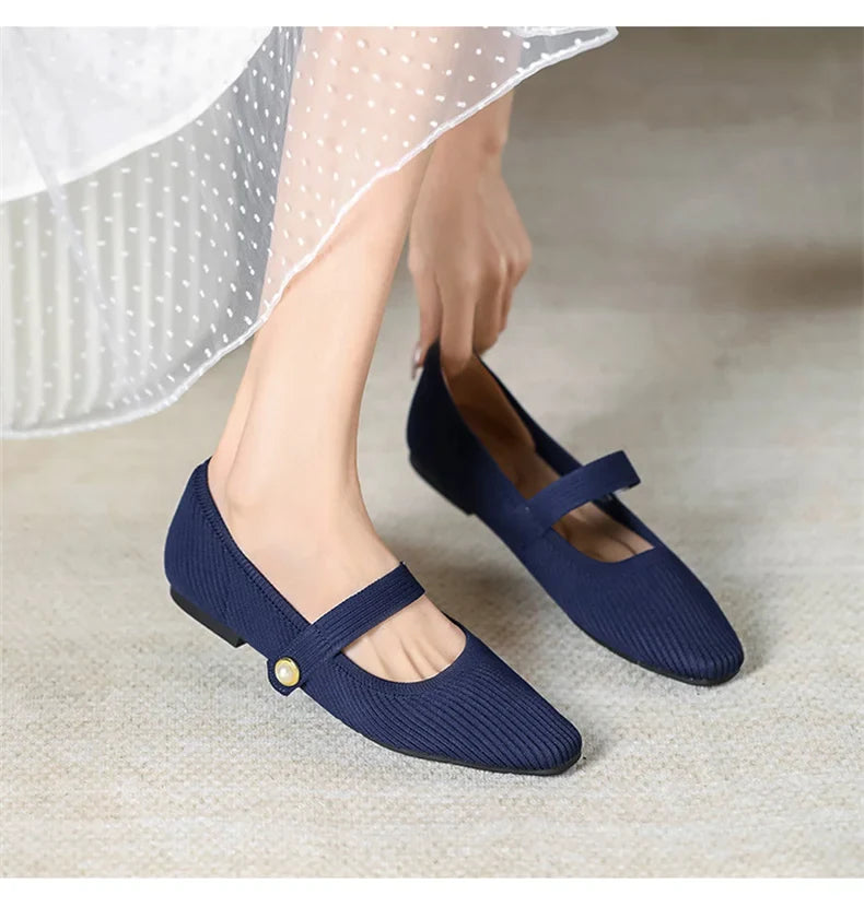 Women Stretchy Mary Jane Flats - Ribbed Knit For Spring