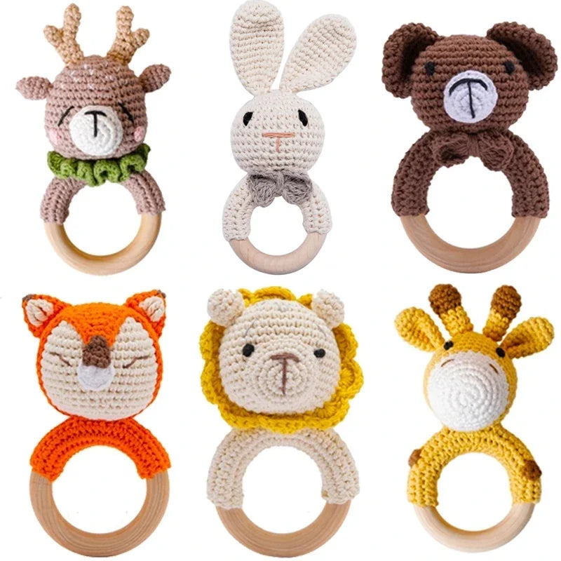 Crochet Wooden Animal Teether Rattle Newborn Sensory Toys