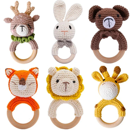 Crochet Wooden Animal Teether Rattle Newborn Sensory Toys