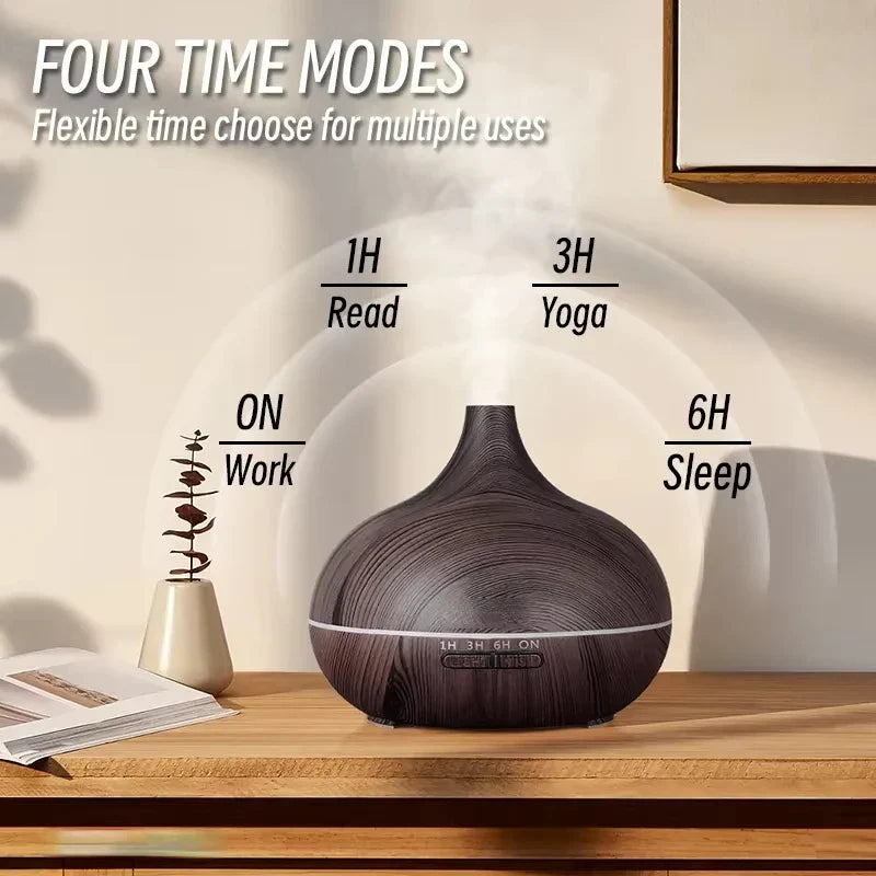 Air Humidifier Aromatherapy Essential Oil Diffuser 500ml Wood Grain Remote Control with 7 Color Lights for Household