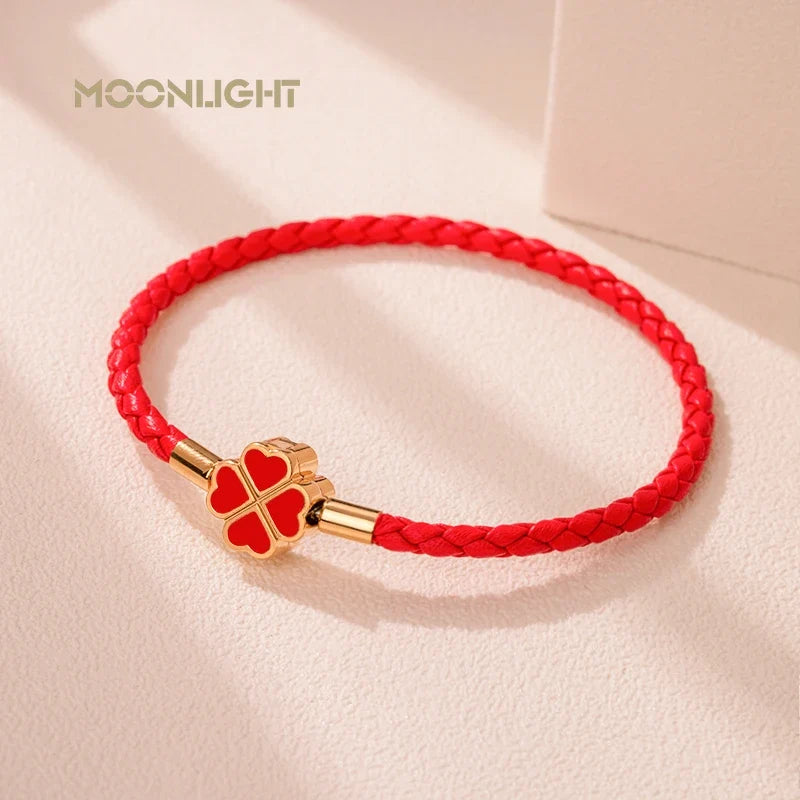 Leaf Four Clover Braided Leather Lucky Bracelet Gift