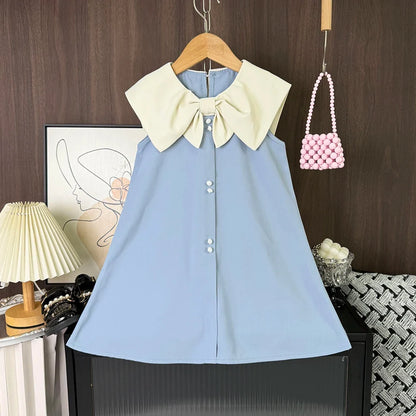 Plush and flattering girls' knee-length dress - sleeveless, bow-collar, polyester, birthday party