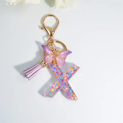 Letter Sequin Keychain With Butterfly Tassel Charm