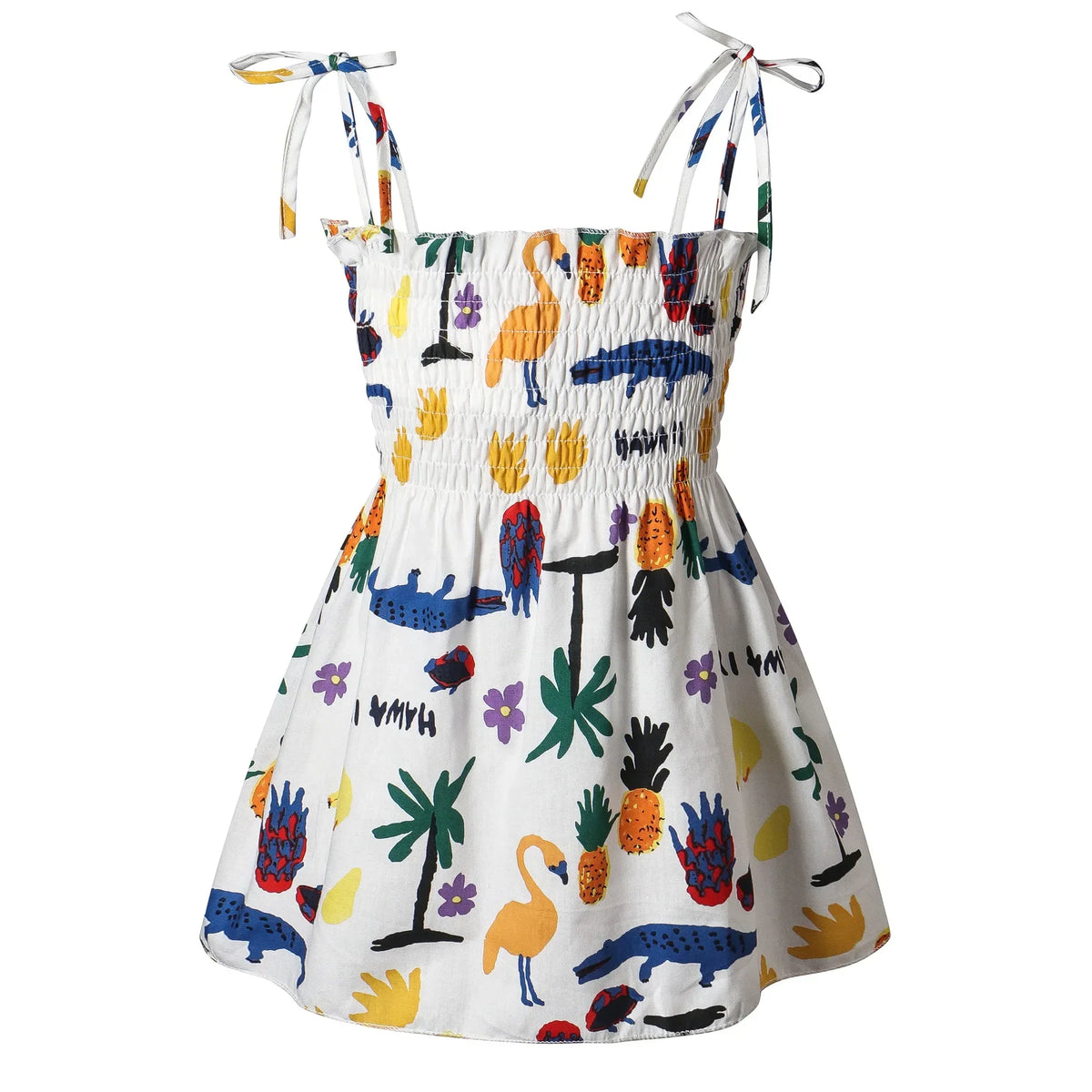 Plush girls' sundress - smocked bodice, daisy print, polyester, for casual summer outings