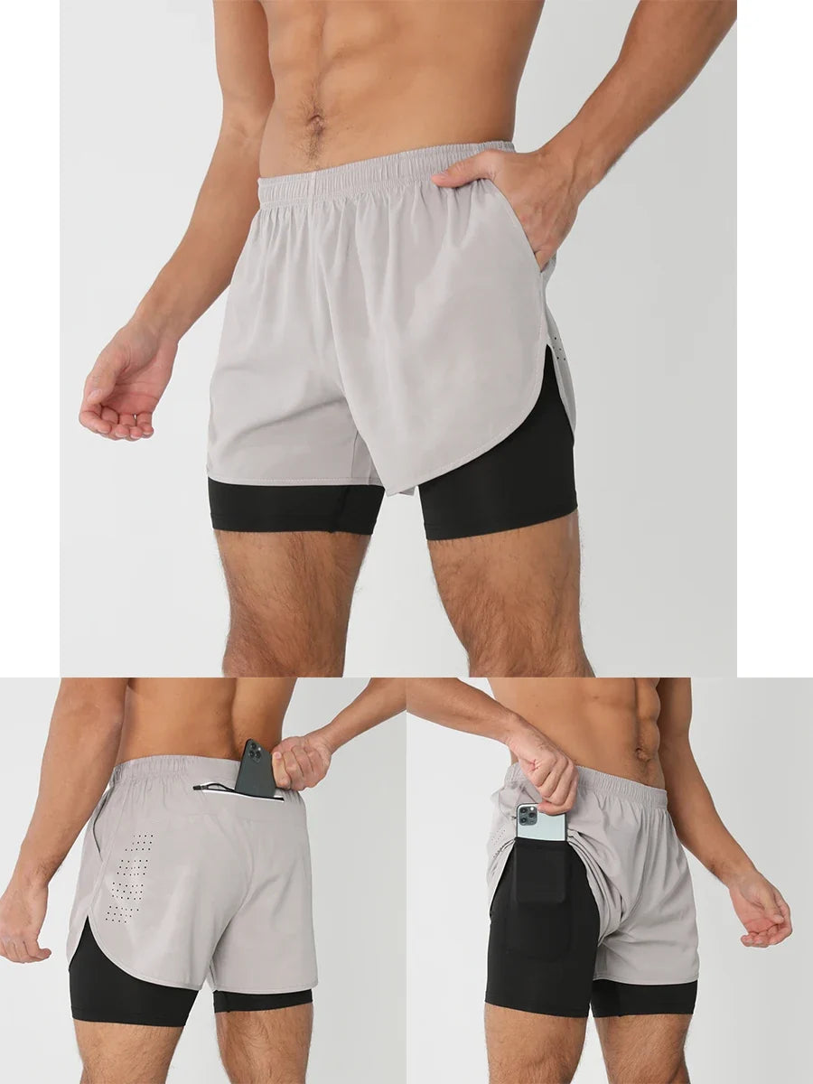 Fast-dry men's 2-in-1 running shorts - lightweight lined, polyester, for gym and summer training