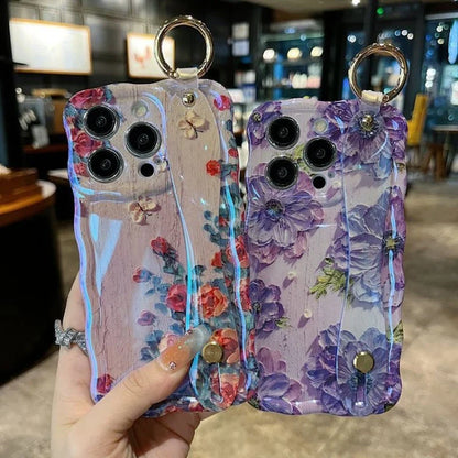 Painting Oil Flower Phone Case for iPhone 15 14 13 12 11 Pro Max with Wrist Band and Kickstand