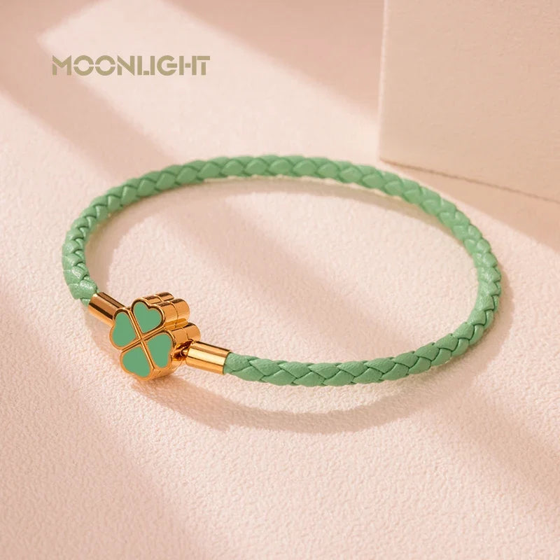 Leaf Four Clover Braided Leather Lucky Bracelet Gift