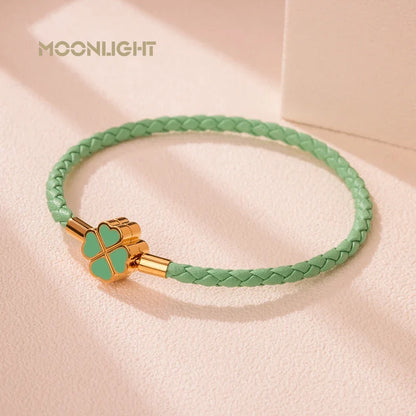 Leaf Four Clover Braided Leather Lucky Bracelet Gift