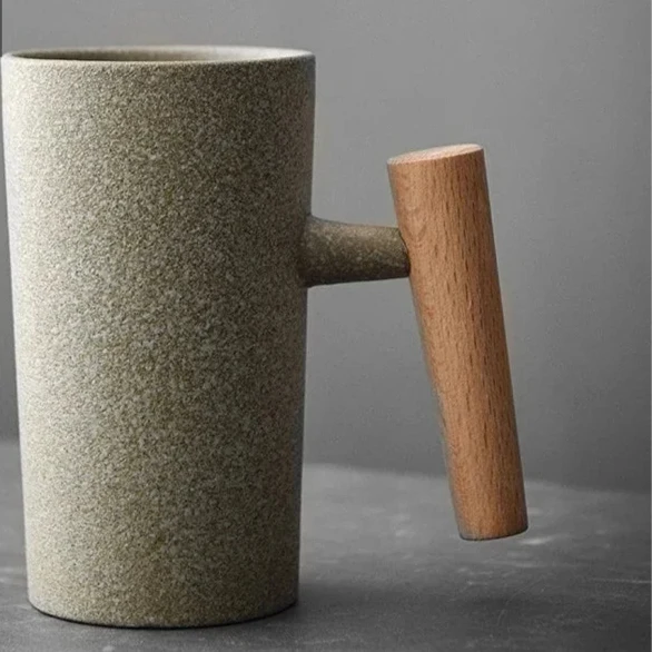 Style Japanese Stoneware Coffee Cup - Handmade Mug with Wooden Handle for Couples