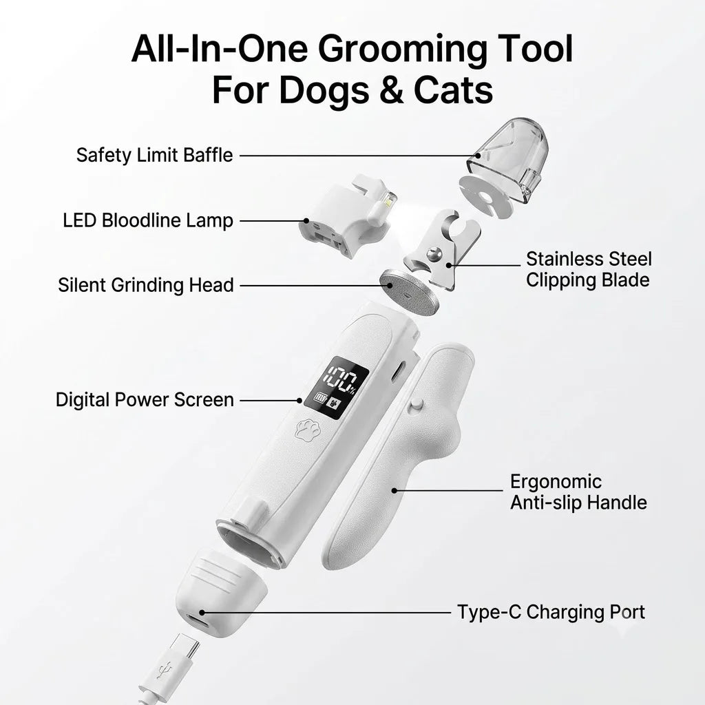 USB-C Battery-Powered Dog Cat Trimmer 2026 – 2-in-1 Pet Nail Clipper & Grinder with LED Blood Line Light
