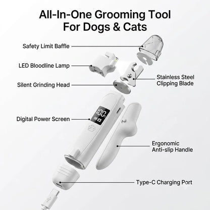 USB-C Battery-Powered Dog Cat Trimmer 2026 – 2-in-1 Pet Nail Clipper & Grinder with LED Blood Line Light