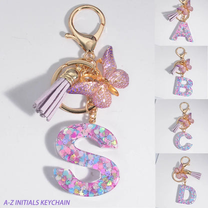Letter Sequin Keychain With Butterfly Tassel Charm