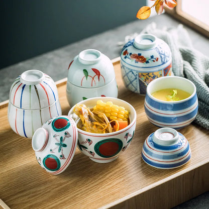 Hand Painted Japanese Ceramic Lidded Dessert Bowls Kit