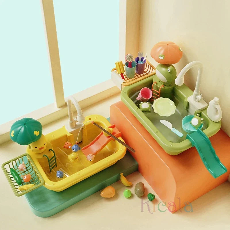 Kids Electric Kitchen Sink Toy with Running Water, Play Utensils, and Food Items for Pretend Cooking Fun-5