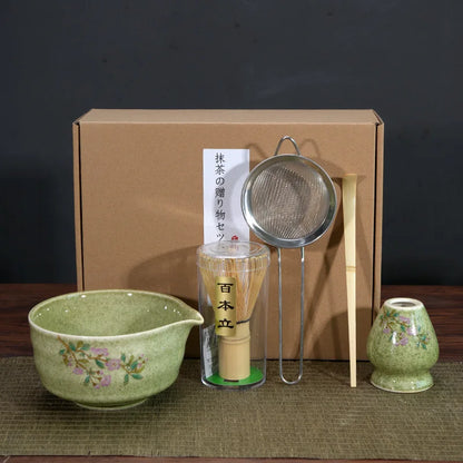 Matcha Tea Kit Porcelain Bowl Bamboo Whisk Traditional Box