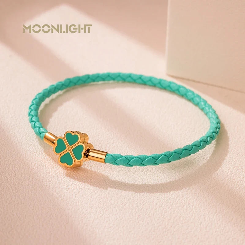 Leaf Four Clover Braided Leather Lucky Bracelet Gift