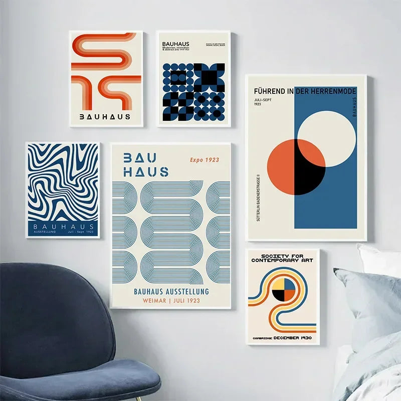 Abstract Blue Bauhaus Canvas Wall Art Contemporary Bedroom