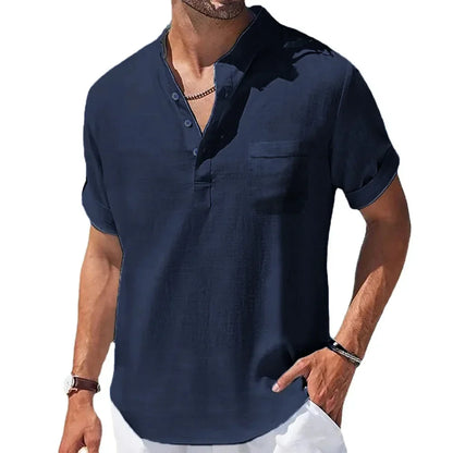 Men's Summer Shirt, Breathable Cotton and Linen Blend with Henry Collar, Lightweight and Casual Fit-2