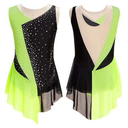 girls' Stretchy leotard - rhinestone mesh yoke, sleeveless, polyester, nylon, elastane, for lyrical dance performance