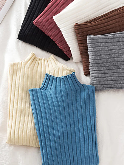 Flattering Stretchy Women Ribbed Sweater - Mock Neck, Knit