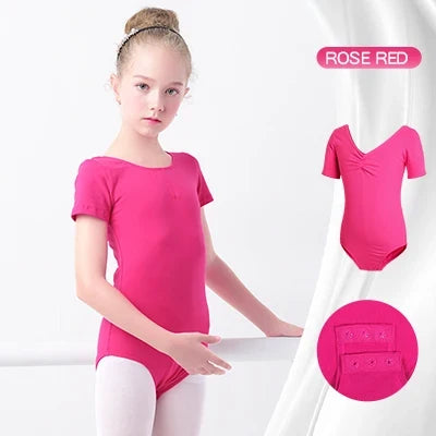 Plush girls ballet leotard - drawstring neckline, ruched front, cotton knit, for dance class